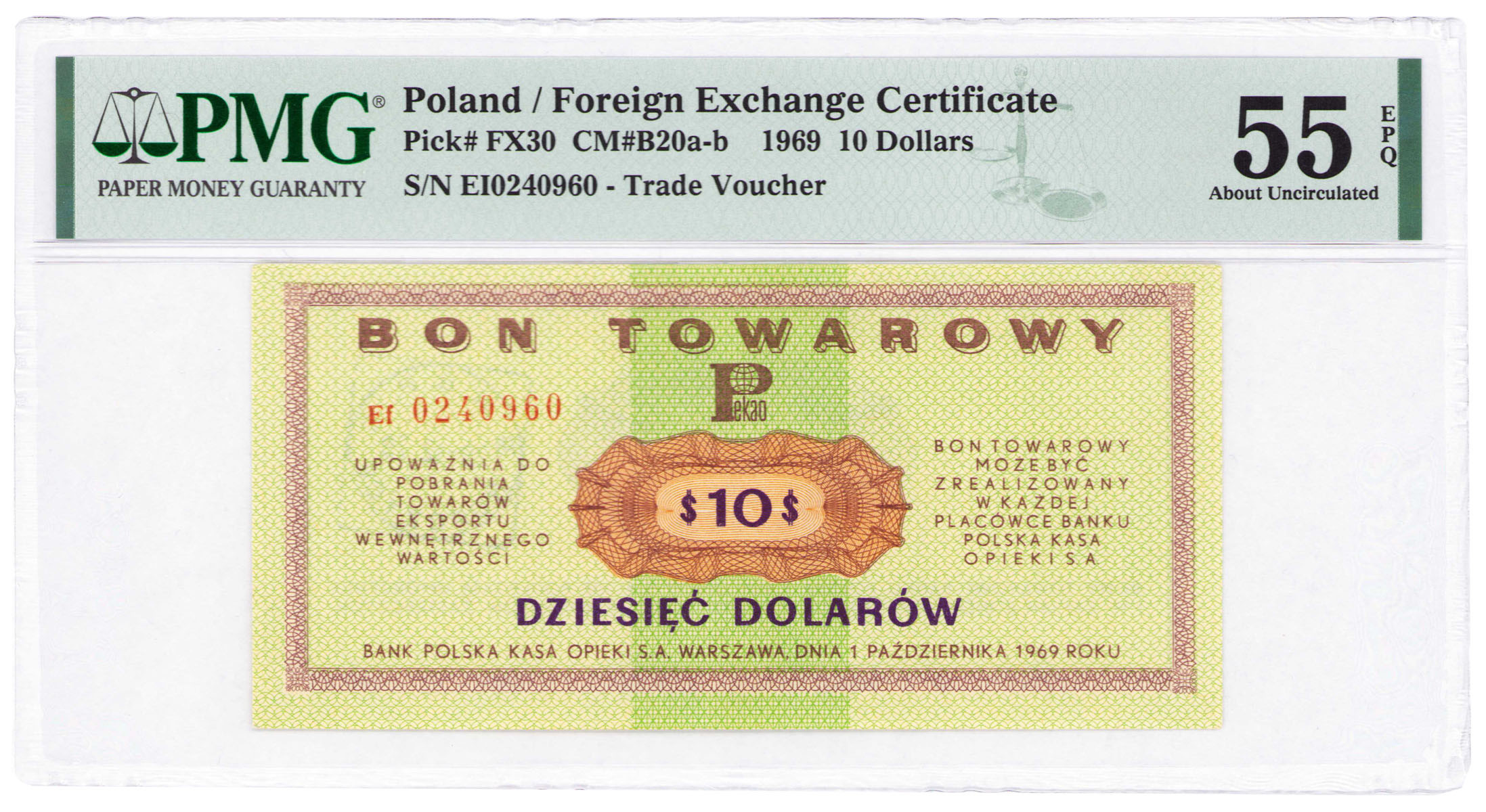 Bon towarowy PEKAO na 10 dolarów 1969 seria Ef, PMG 55 EPQ